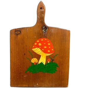 Vtg Wooden Cutting Board 70s Mushroom Decoupage 15.5"x11.5" Kitchen Decor